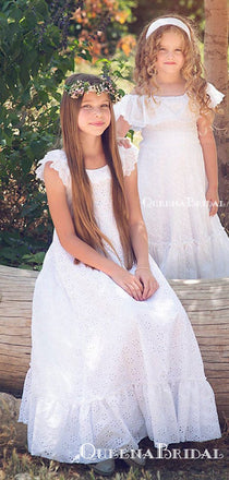 Charming Round Neck Cap Sleeves Lace A-line Long Cheap Flower Girl Dresses, FGS0012