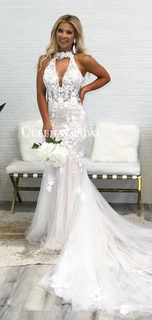Elegant Halter Tulle Applique Mermaid Long Cheap Wedding Dresses, WDS0048