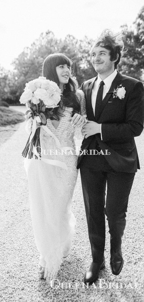 Romantic Deep V-neck Long Sleeves Lace Mermaid Long Cheap Wedding Dresses, WDS0021