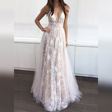 Champagne A-line Spaghetti Straps V-neck Maxi Long Prom Dresses,WGP276