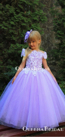 Elegant Off-The-Shoulder Lavender Tulle Appliqued A-line Long Cheap Flower Girl Dresses, FGS0025