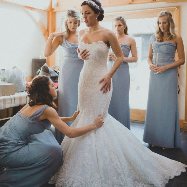 Sheath One Shoulder Long Cheap Light Blue Chiffon Bridesmaid Dresses Online, QB0024
