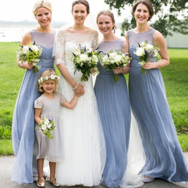 Light Blue Round Neck Chiffon Long Cheap Bridesmaid Dresses Online, QB0111