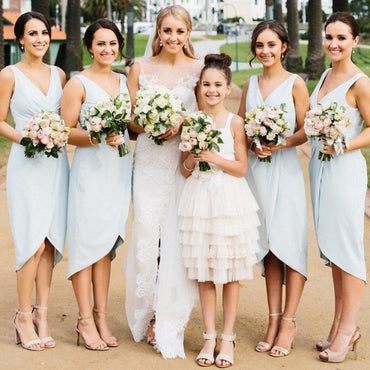 Sexy V-Neck Sleeveless Asymmetry Light Blue Satin Short Cheap Bridesmaid Dresses Online, QB0166