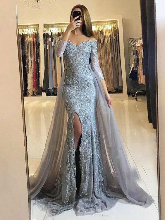Mermaid Off the Shoulder Detachable Train Light Blue Lace Prom Dresses QueenaBridal Mermaid Off the Shoulder Detachable Train Light Blue Lace Prom Dresses QueenaBridal