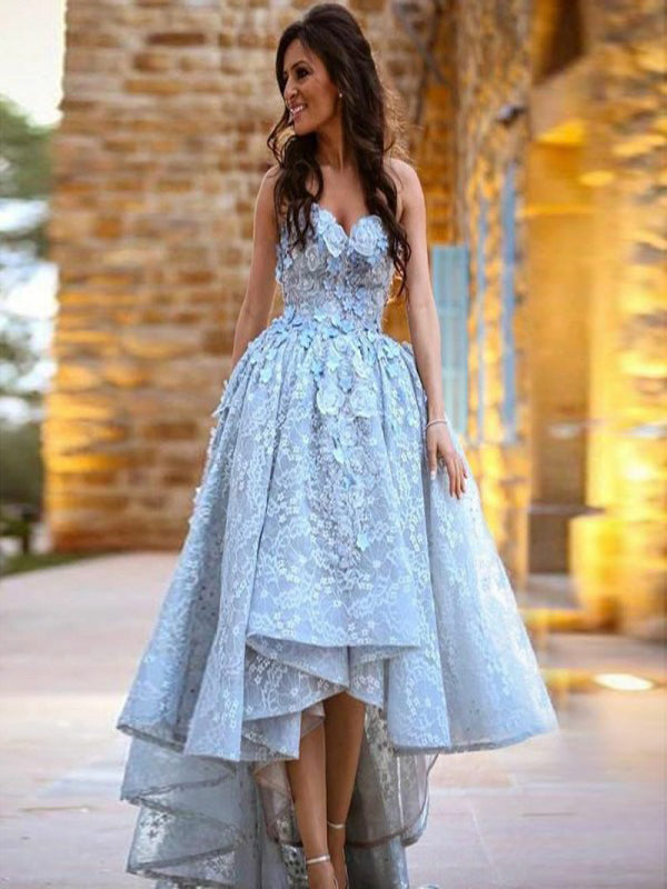 A-Line Sweetheart High Low Light Blue Lace Prom Dresses with Appliques QueenaBridal A-Line Sweetheart High Low Light Blue Lace Prom Dresses with Appliques QueenaBridal