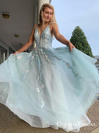 A Line Spaghetti Straps Light Blue Prom Dresses With Beading Appliques, QB0682