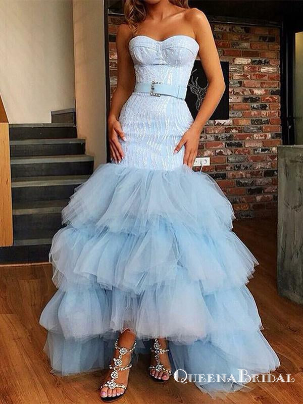 Open Back Strapless Beaded High Low Blue Tulle Long Prom Dresses, Ligh –  Shiny Party