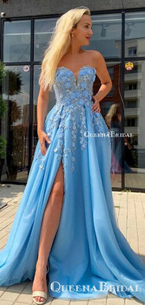 Light Blue Princess A Line Sweetheart Appliques Flowers High Slit Tulle A-line Long Cheap Prom Dresses, PDS0043