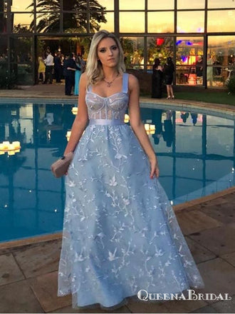 Fancy Newest Light Blue Spaghetti Strap Long Cheap Lace Prom Dresses, QB0799
