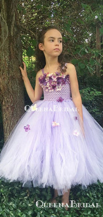 Lovely Spaghetti Strap Lilac Tulle A-line Long Cheap Flower Girl Dresses, FGS0022