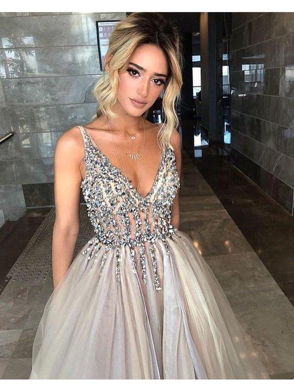 Long Backless Grey Sexy Prom Dresses with Slit Rhinestone See Through Evening Gowns, QB0286