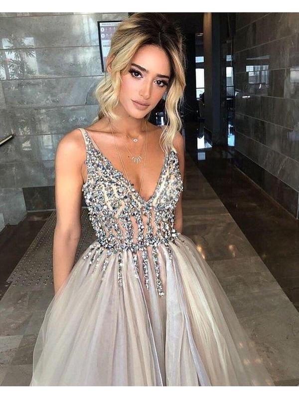 sexy grey dress Long Backless Grey Sexy Prom Dresses with Slit Rhinestone See Through – QueenaBridal