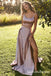 Dusty pink Spaghetti Strap Long Cheap Slit Prom Dresses, QB0556
