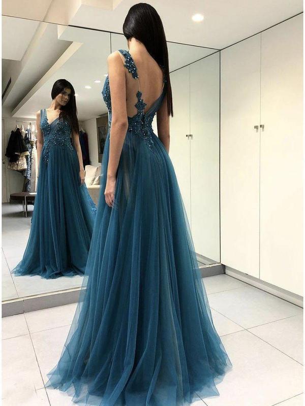 Long See Through Thigh Slit Blue Prom Dresses Backless Beaded Lace Prom Dresses, QB0334