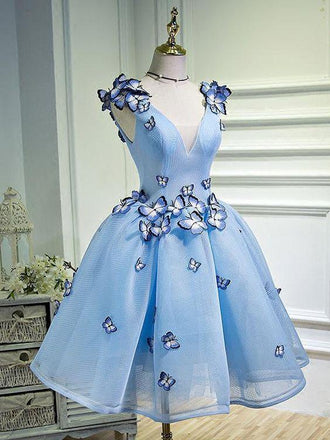 Long Sky Blue Prom Dresses Butterfly Applique Quinceanera Dresses, QB0315