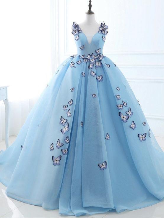Long Sky Blue Prom Dresses Butterfly Applique Quinceanera Dresses, QB0 – QueenaBridal Long Sky Blue Prom Dresses Butterfly Applique Quinceanera Dresses, QB0 – QueenaBridal
