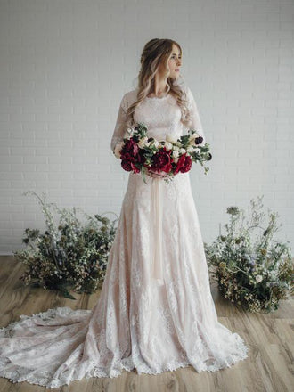 Long Sleeve Lace Wedding Dresses Plus Size Vintage Rustic Wedding Dresses, QB0325