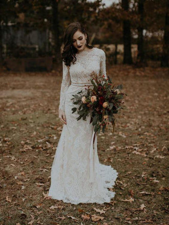 Long Sleeve Vintage Wedding Dresses Backless Rustic Lace Wedding Dresses, QB0323
