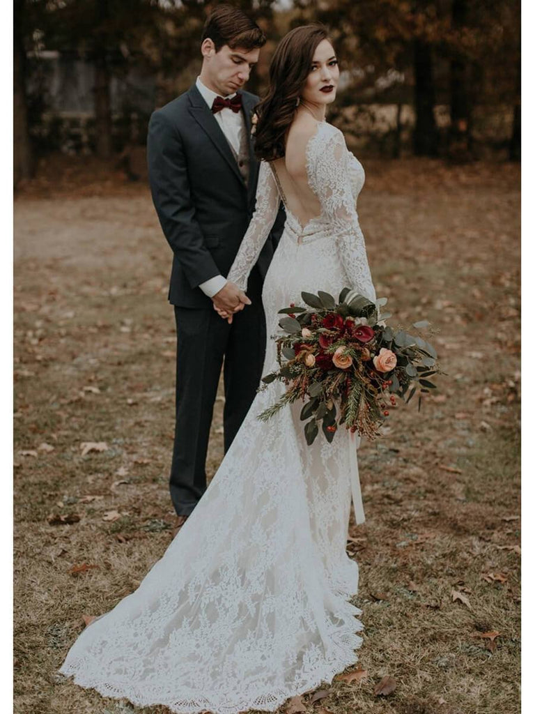 Long Sleeve Vintage Wedding Dresses Backless Rustic Lace Wedding Dress QueenaBridal Long Sleeve Vintage Wedding Dresses Backless Rustic Lace Wedding Dress QueenaBridal