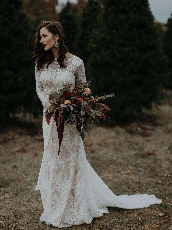 Long Sleeve Vintage Wedding Dresses Backless Rustic Lace Wedding Dress QueenaBridal Long Sleeve Vintage Wedding Dresses Backless Rustic Lace Wedding Dress QueenaBridal