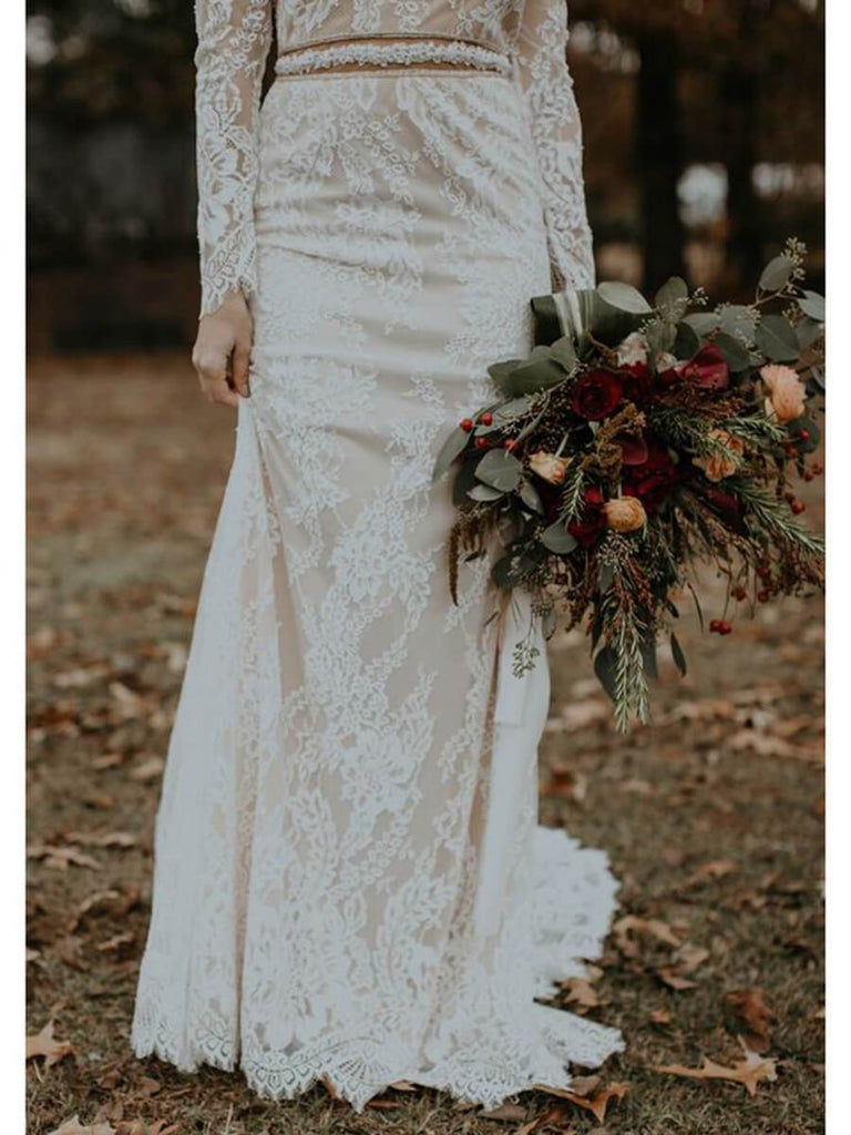 Long Sleeve Vintage Wedding Dresses Backless Rustic Lace Wedding Dress QueenaBridal Long Sleeve Vintage Wedding Dresses Backless Rustic Lace Wedding Dress QueenaBridal