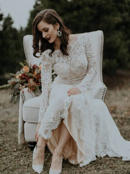 Long Sleeve Vintage Wedding Dresses Backless Rustic Lace Wedding Dress QueenaBridal