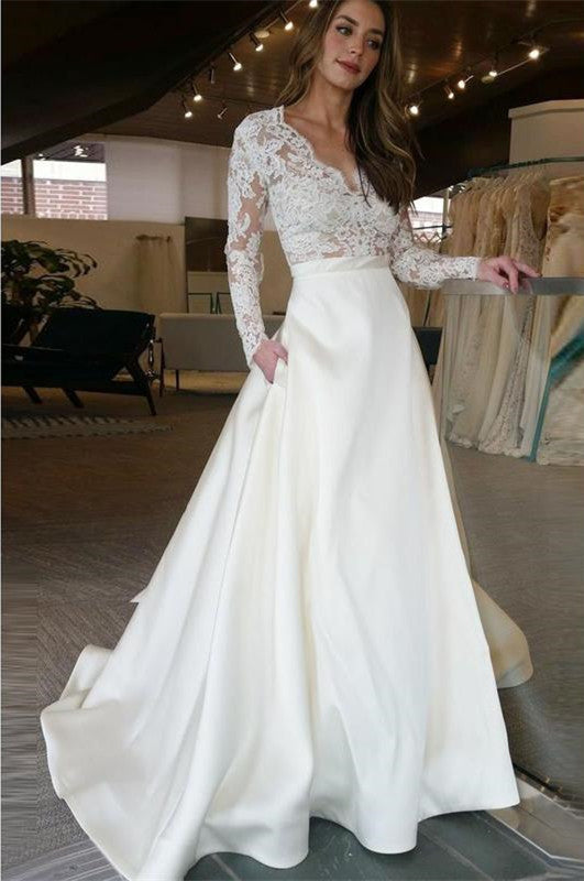 Long Sleeve Wedding Dresses See Through Lace Top Ivory Wedding Dresses, QB0352