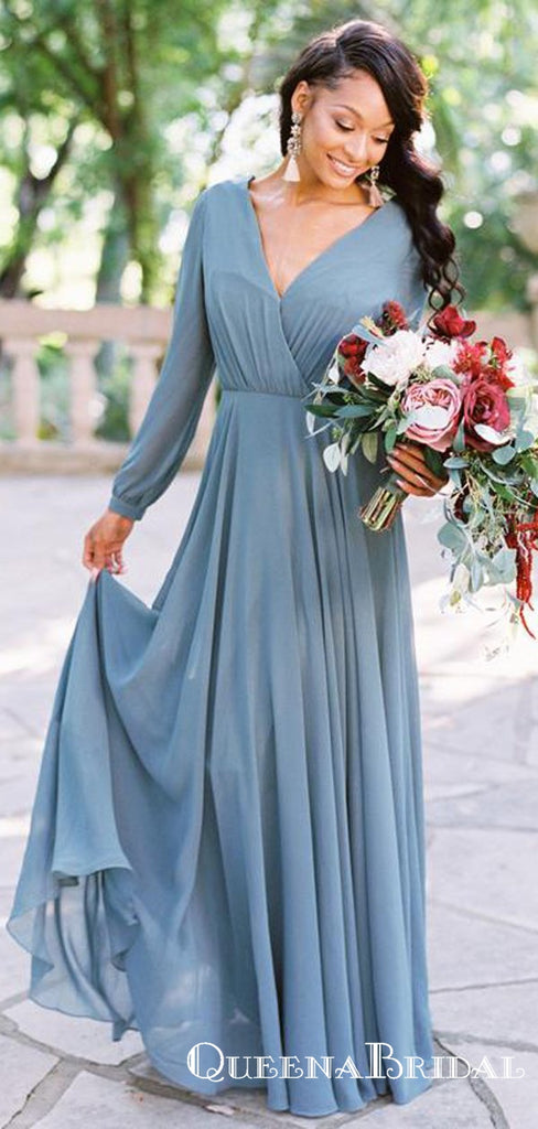 Simple V Neck Long Sleeve Backless A Line Chiffon Bridesmaid Dresses, – QueenaBridal