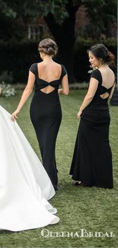 Elegant Black Cap Sleeve Long Cheap Mermaid Bridesmaid Dresses, QB0874