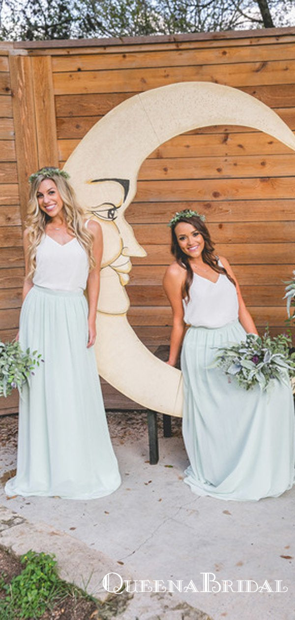 Two Piece White and Sage Chiffon Long Cheap Bridesmaid Dresses, QB0879 QueenaBridal Two Piece White and Sage Chiffon Long Cheap Bridesmaid Dresses, QB0879 QueenaBridal