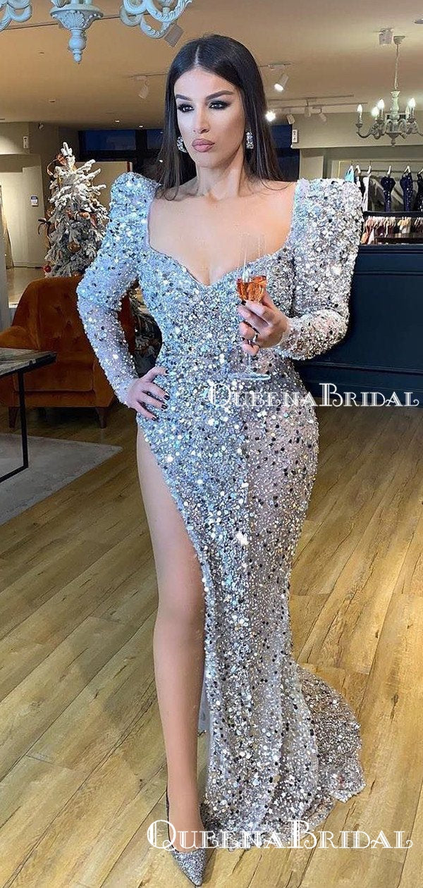 Sexy New Arrival Sweetheart Long Sleeves Silver Sequin High Side Slit QueenaBridal Sexy New Arrival Sweetheart Long Sleeves Silver Sequin High Side Slit QueenaBridal