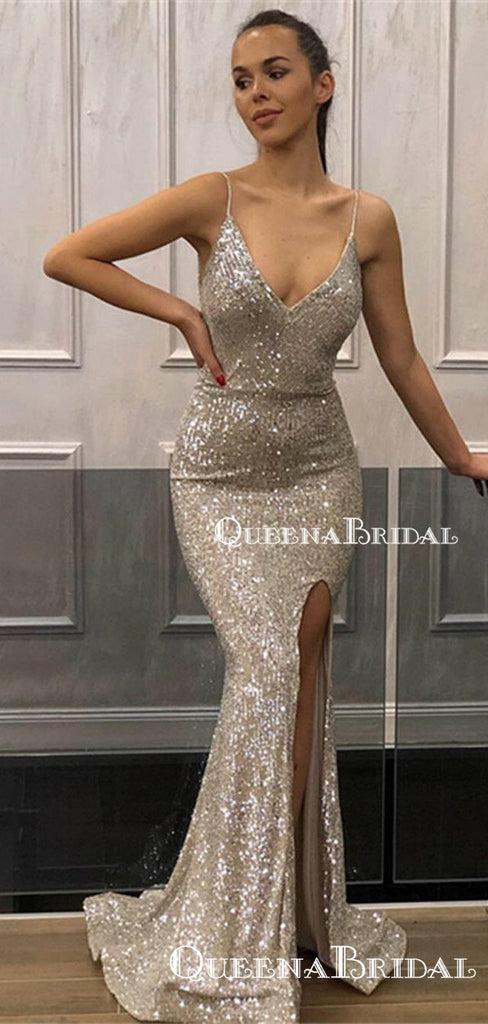 Sparkly Simple Spaghetti Straps Sleeveless Silver Sequin Long Cheap Memaid Prom Dresses, QB0958