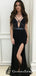 Sexy Mermaid V-Neck Long Black Prom Dresses with Beaded&Slit, QB0513