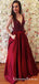 A-Line V-Neck Long Burgundy Satin Prom Dresses with Beading Pockets, QB0550