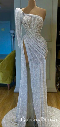 New Arrival Sparkly One Shoulder Long Sleeves High Slit Long Cheap Mermaid Sequin Prom Dresses, QB0930
