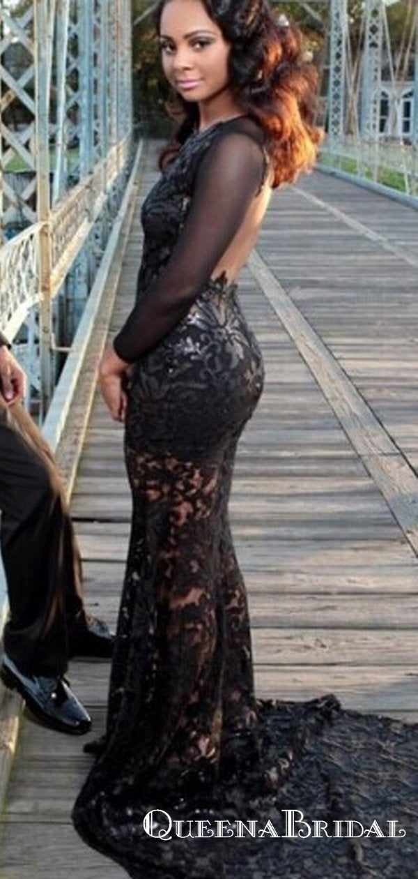 Black Scoop See Through Backless Long Cheap Lace Prom Dresses, QB0658 QueenaBridal Black Scoop See Through Backless Long Cheap Lace Prom Dresses, QB0658 QueenaBridal