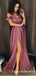 A-Line Cold Shoulder Long Purple Chiffon Satin Prom Dresses with Split, QB0534