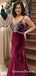 Mermaid Spaghetti Straps Backless Burgundy Prom Dresses with Beading, QB0526