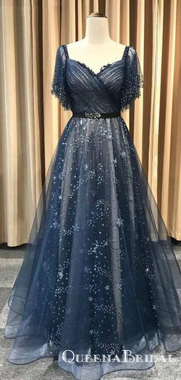 Unique Blue Short Sleeve V Neck Long Cheap Prom Dresses, QB0654 – QueenaBridal