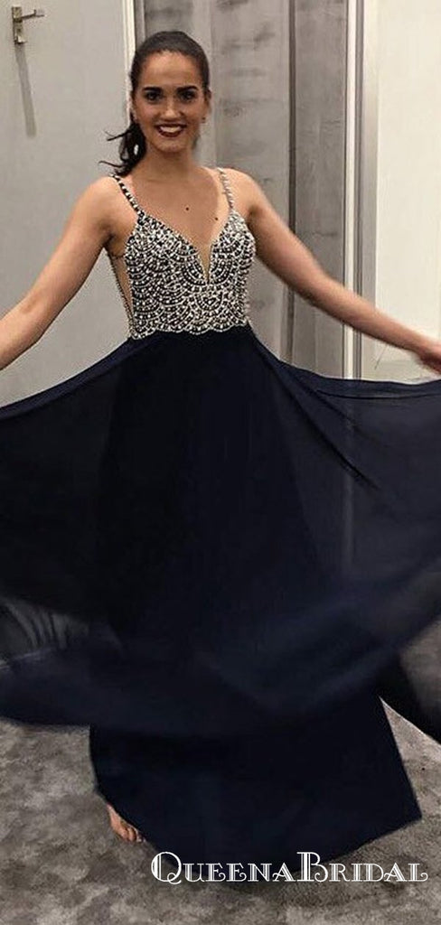 A-Line Spaghetti Straps Long Navy Blue Prom Dresses with Beading, QB0533