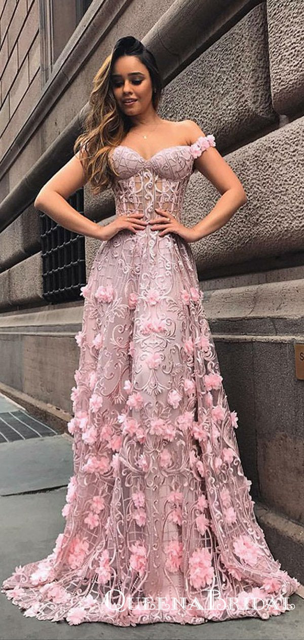 Fancy A-line Blush Off Shoulder Long Prom Dresses with Appliques Lace, – QueenaBridal Fancy A-line Blush Off Shoulder Long Prom Dresses with Appliques Lace, – QueenaBridal