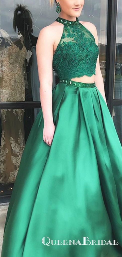 A-Line Green Satin Two Piece Halter Long Prom Dresses, QB0719