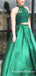 A-Line Green Satin Two Piece Halter Long Prom Dresses, QB0719