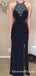 Black Halter Long Cheap  Beaded Prom Dresses With Side Slit, QB0657