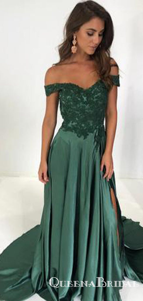 Elegant Green Lace V-neck Off-the-shoulder Long Satin Split Prom Dresses, QB0597