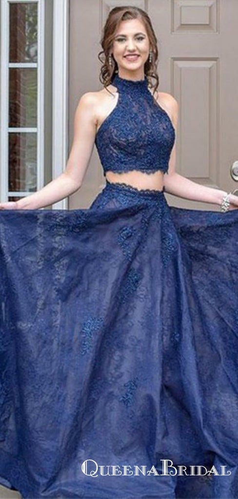 Two Piece Halter Neck Sleeveless Blue Long Prom Dresses with Lace, QB0732