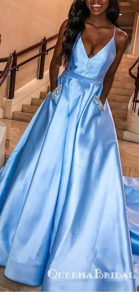 A-Line Sky Blue Satin Spaghetti Straps Prom Dresses With Pocket, QB0714