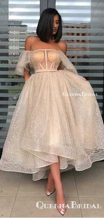 Vintage Off-The-Shoulder High Low A-line Tea Length Short Cheap Formal Evening Prom Dresses, PDS060