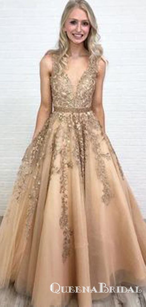 Ball Gown V Neck Open Back Gold Lace Long Prom Dresses with Beading, QB0583